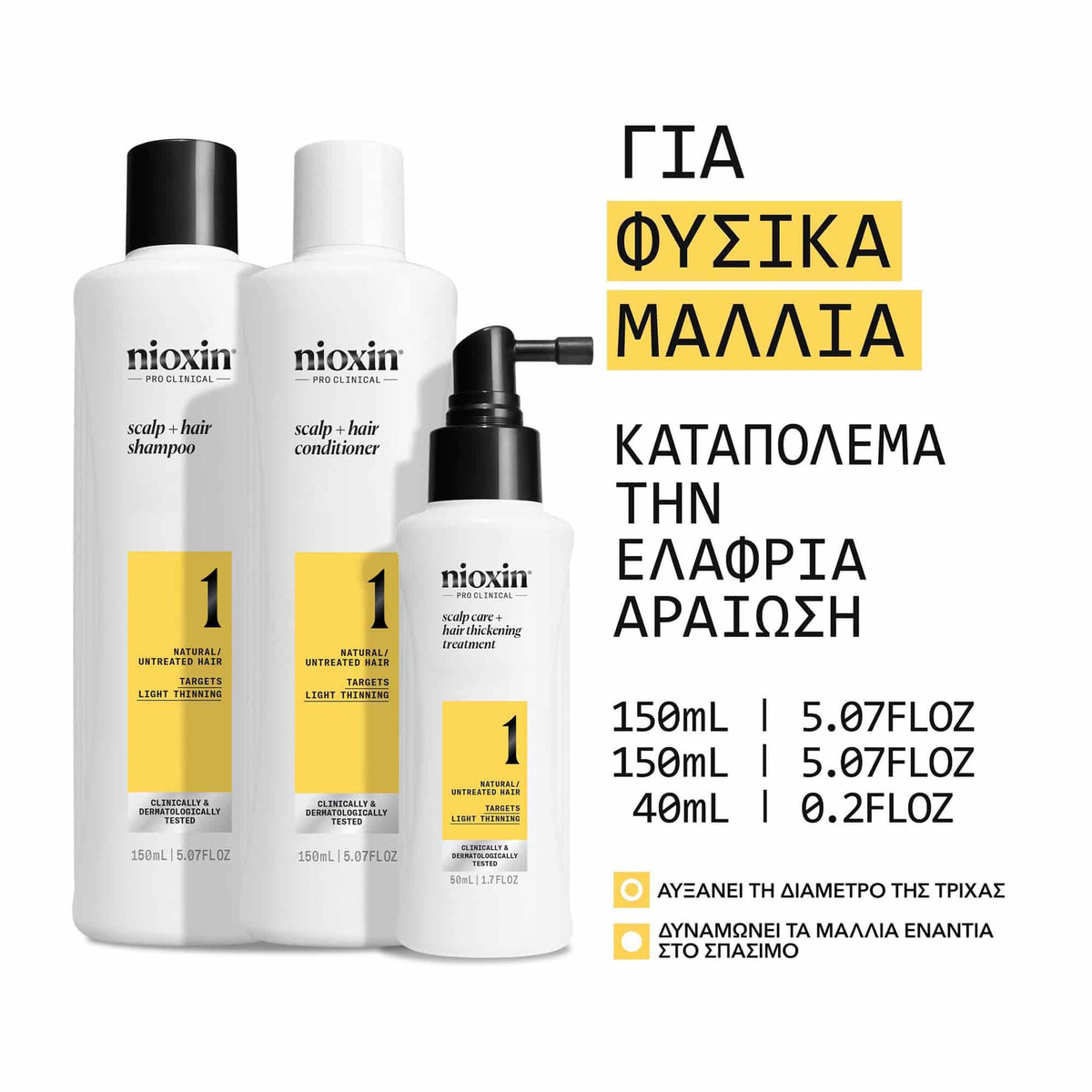 Nioxin Scalp & Hair Σύστημα 1 Trial Kit Φυσικά Μαλλιά Ελαφριά Αραίωση (Shampoo 150ml, Conditioner 150ml, Treatment Serum 40ml)