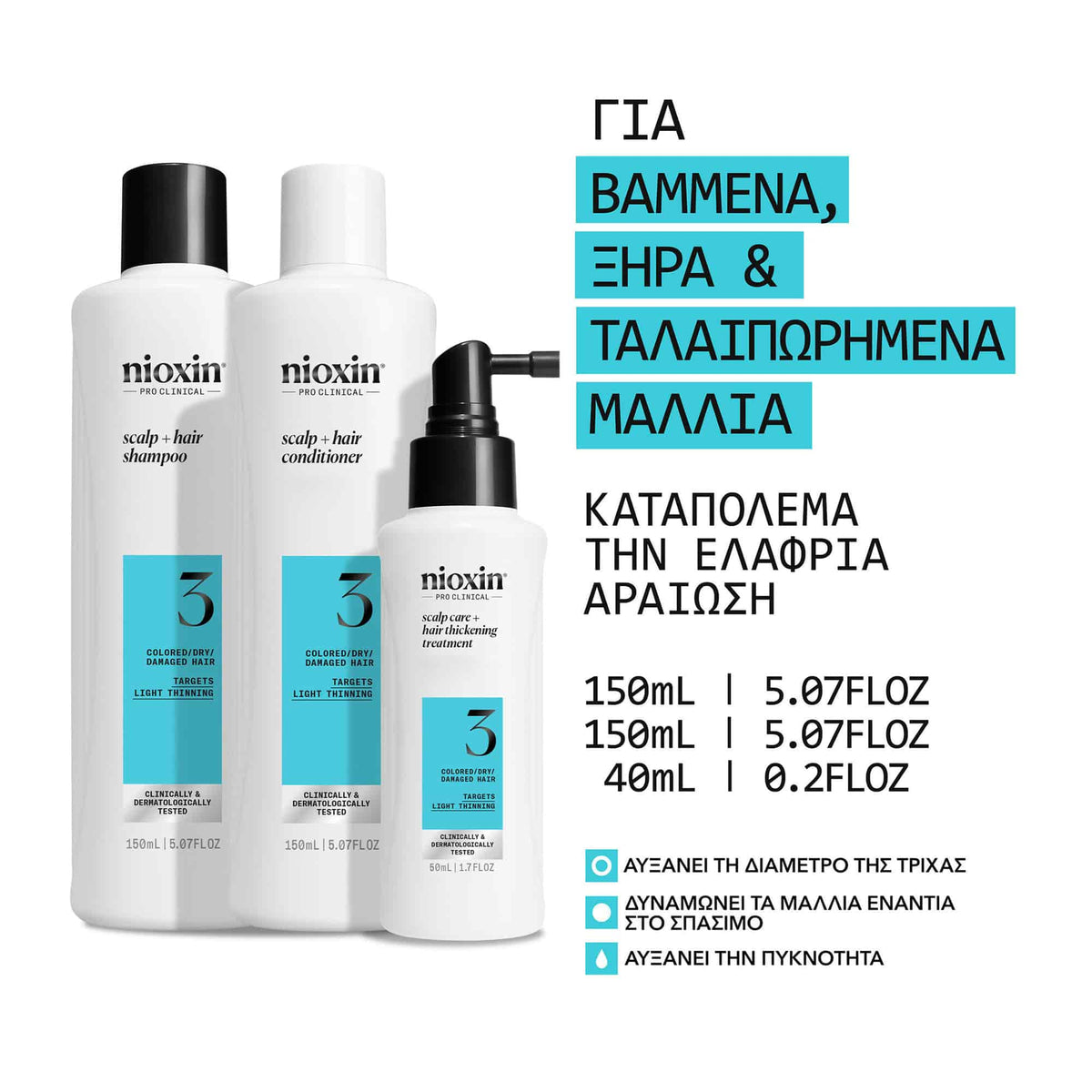 Nioxin Scalp & Hair Σύστημα 3 Trial Kit (Σαμπουάν Ελαφριά Αραίωση 150ml, Conditioner 150ml, Treatment Serum 40ml)